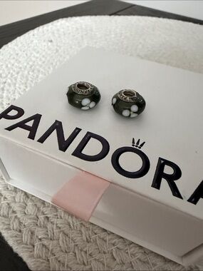 Pandora light black Murano Glass Flower Charm Pair